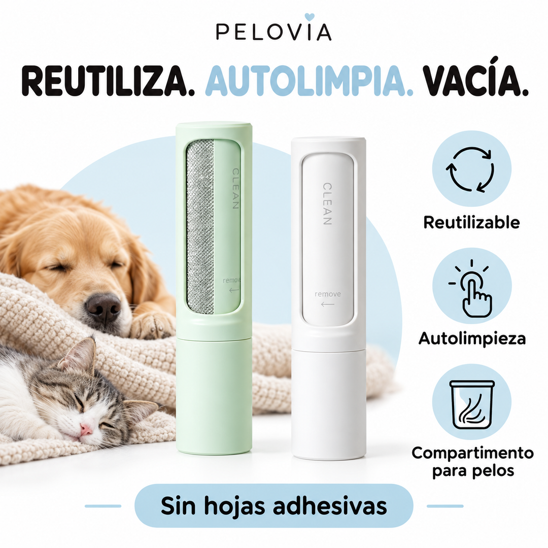 Infografía Pelovia: reutilizable, autolimpieza y compartimento para pelos, sin hojas adhesivas